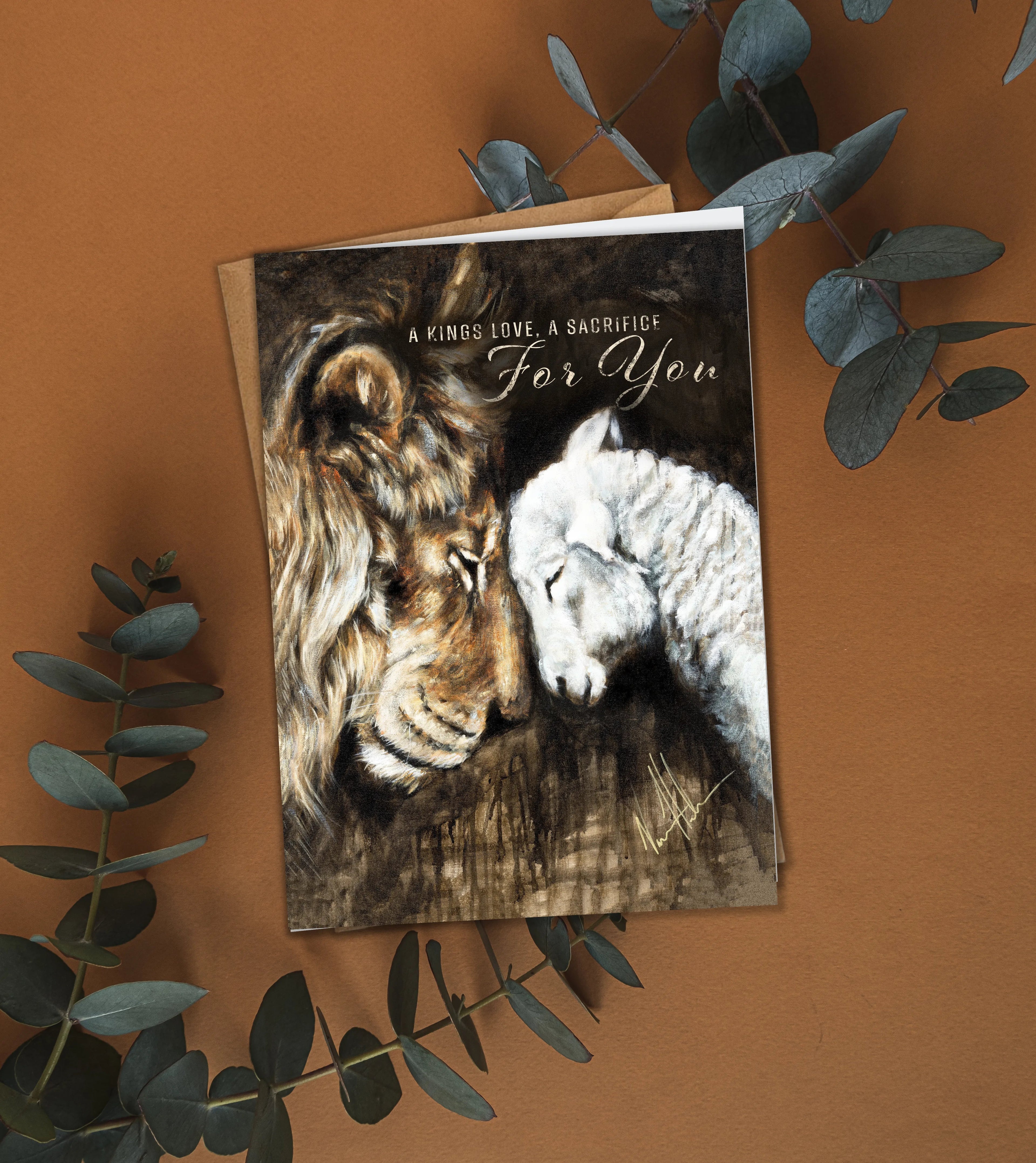 Easter greeting card with lion and lamb illustration and For You message