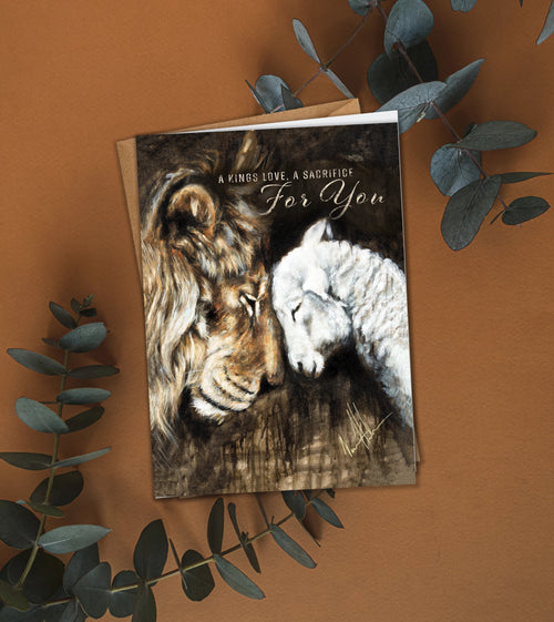 Easter greeting card with lion and lamb illustration and For You message