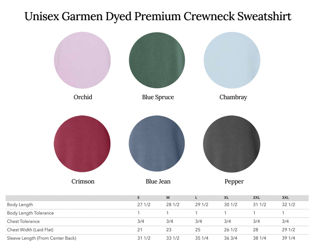 Crewneck sweatshirt color swatches and size chart