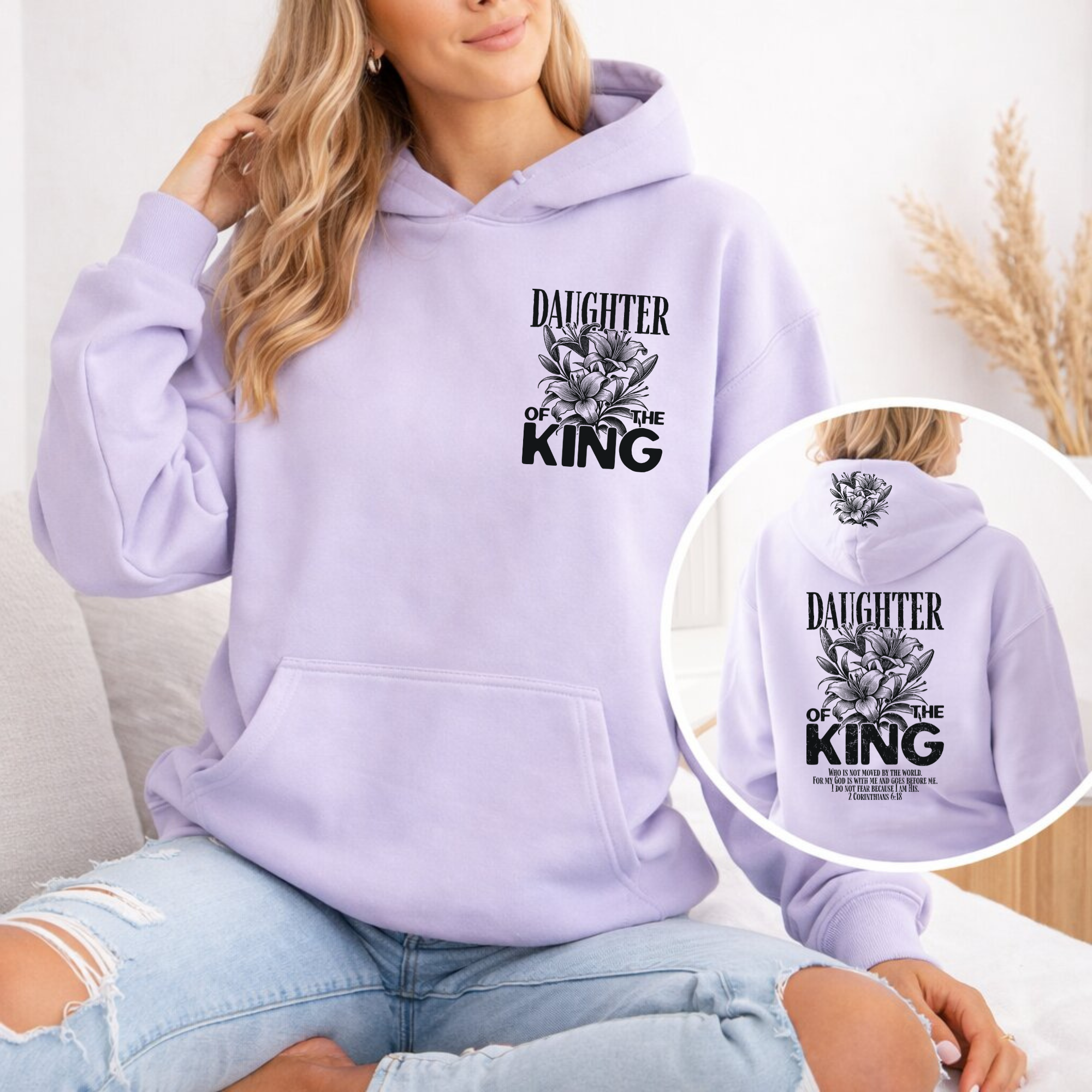 Lavender hoodie with “Daughter of the King” floral crown graphic and front pocket