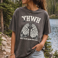Dark gray Christian T-shirt with YHWH tree lungs print, crew neck