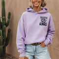 Lavender hoodie with front pocket and “Daughter of the King” floral graphic
