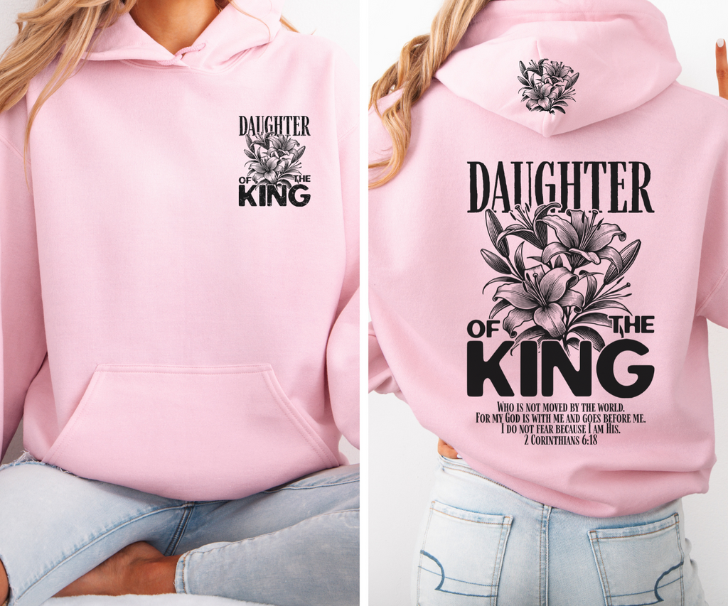 Pink hoodie with front pocket and “Daughter of the King” floral logo on chest