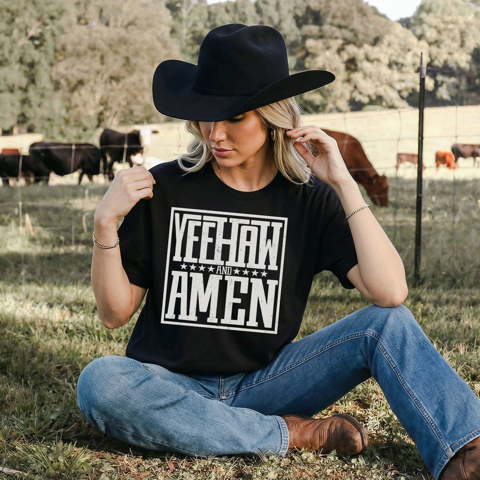 Black T-shirt with YeeHaw and Amen graphic front