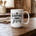 White ceramic coffee and Jesus mug with black "Coffee and Jesus" print