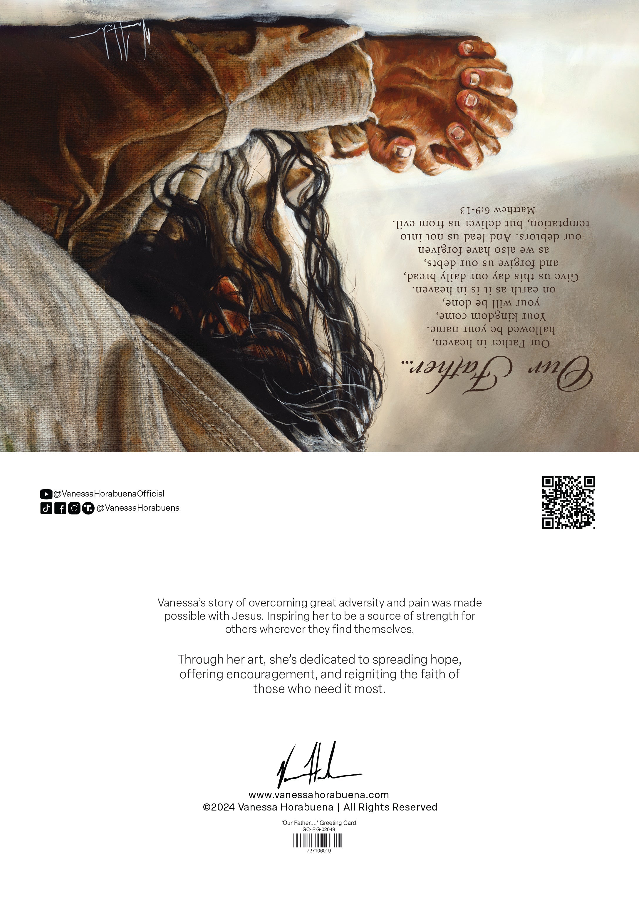 Greeting card back with Jesus artwork panel, scripture text, signature, and QR code