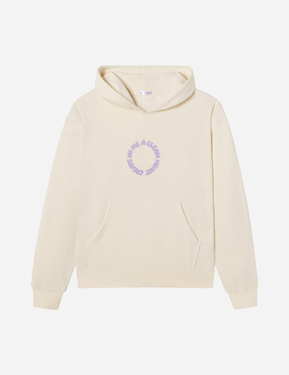 Cream unisex pullover hoodie with front pocket and purple logo