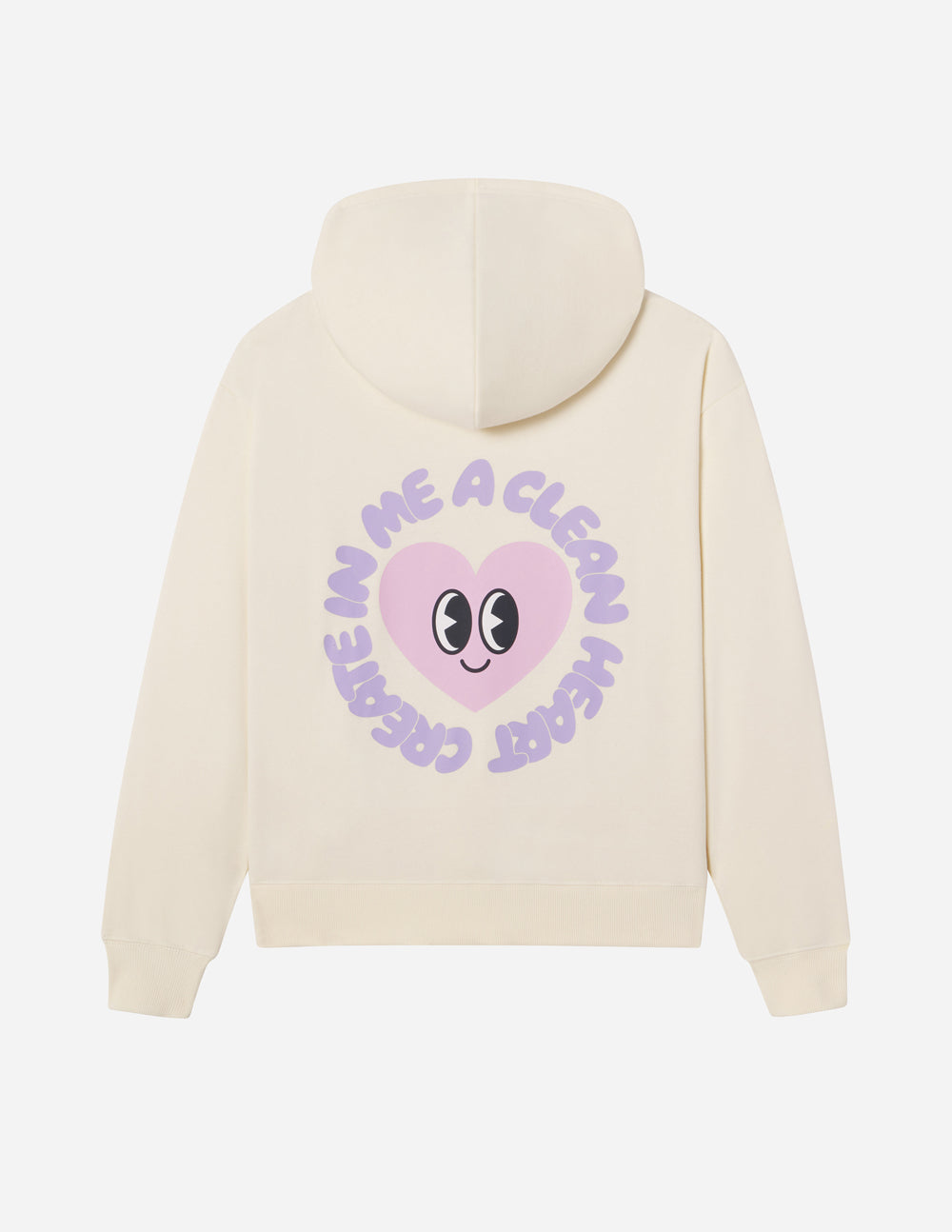 Cream unisex pullover hoodie with hood and purple back logo