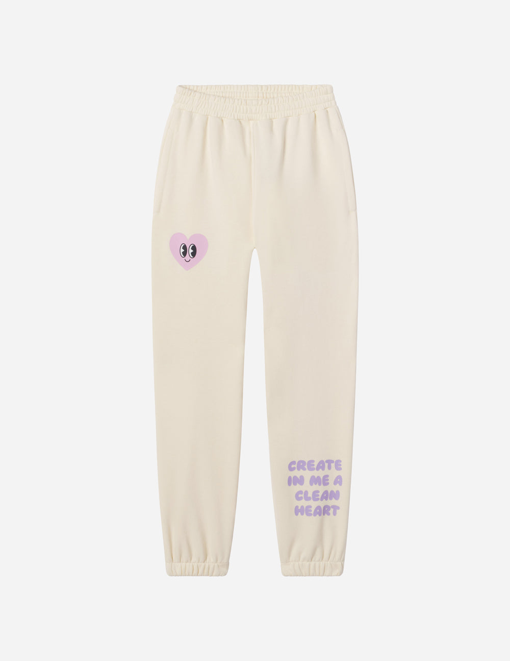 Cream unisex jogger sweatpants with purple heart-face emblem and tapered cuffs