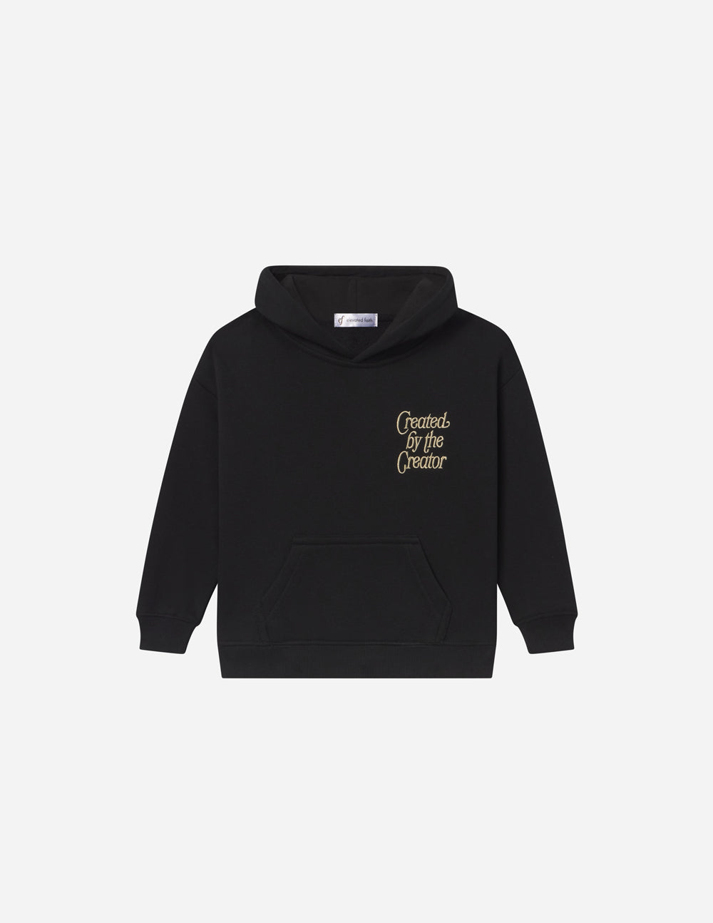 Kids black pullover hoodie with front pocket and small “Created by the Creator”