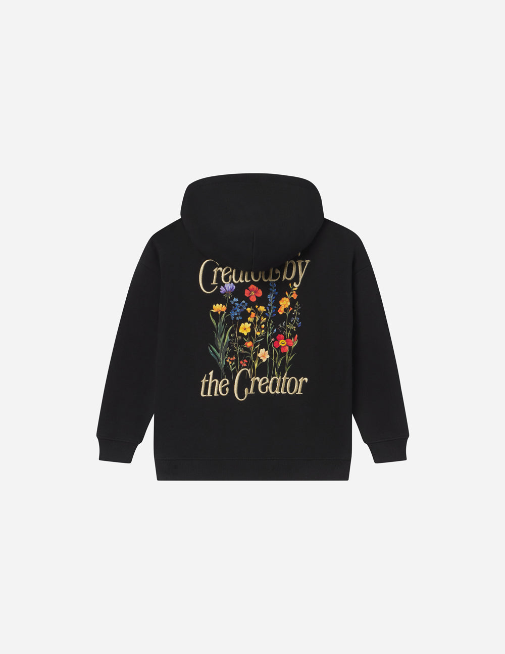 Kids black pullover hoodie with back floral “Created by the Creator” print