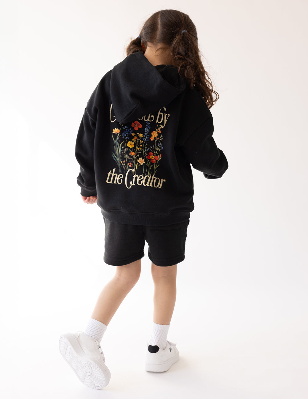 Kids black hoodie with back floral “Created by the Creator” print and hood