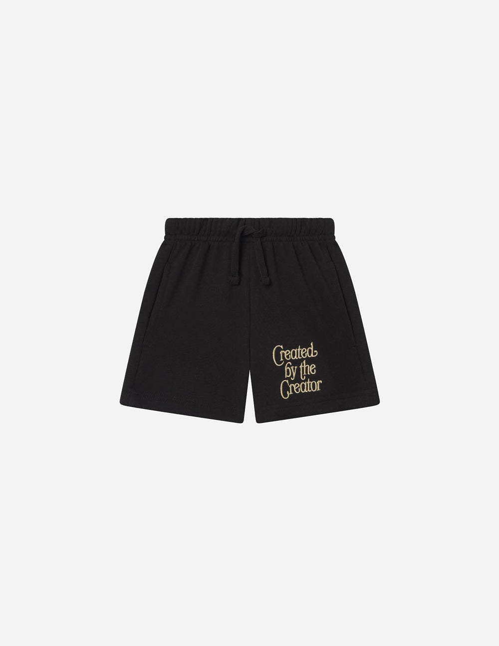 Kids dark shorts with drawstring waist and Created by the Creator logo