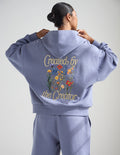 Lavender full-zip hoodie with floral logo on back