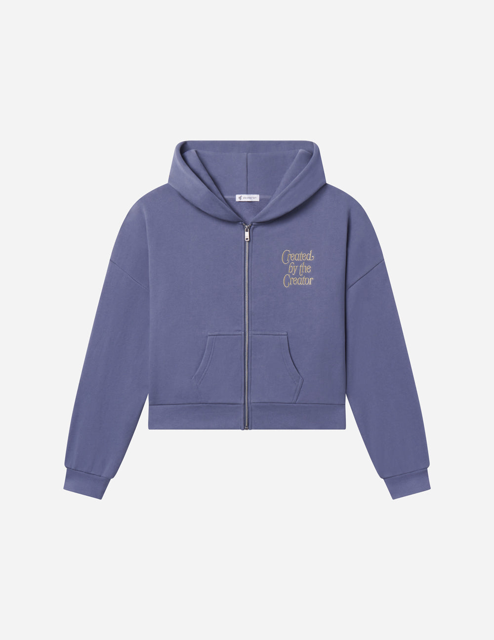 Lavender full-zip hoodie with hood, front pockets, and small chest logo patch.