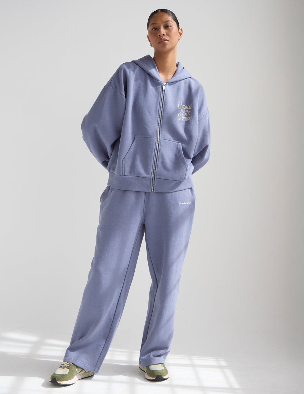 Lavender full-zip hoodie, front zip and drawstring hood