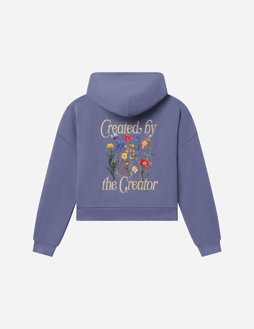 Lavender full-zip hoodie, back graphic text and flowers under the hood.