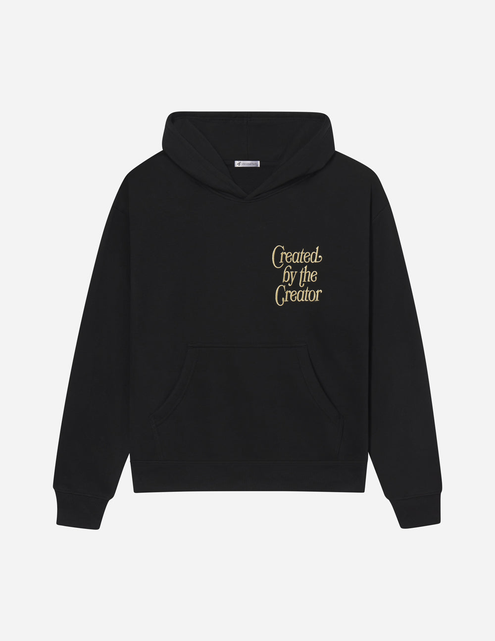 Black unisex hoodie with front kangaroo pocket and small creator logo