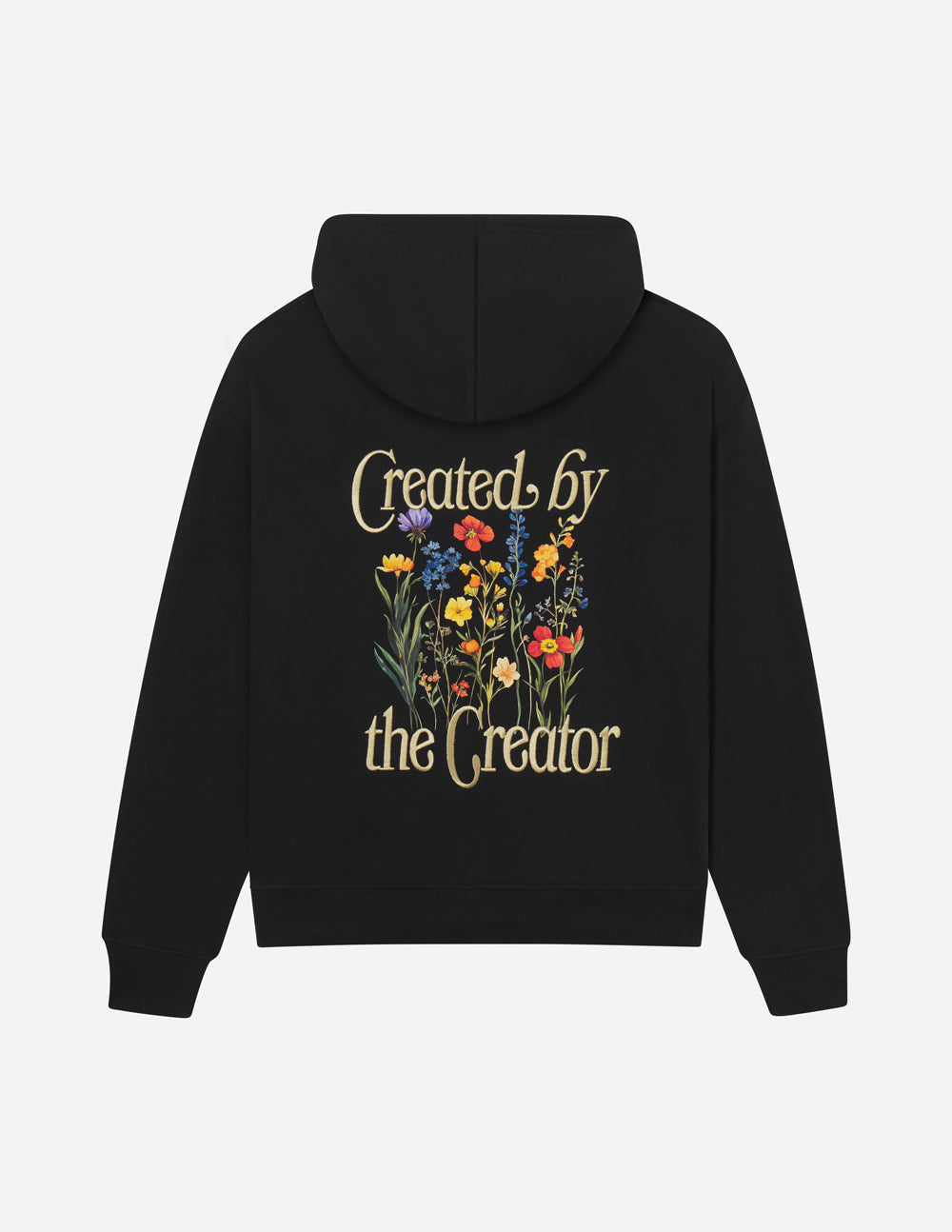 Black unisex hoodie with back floral graphic and gold creator lettering