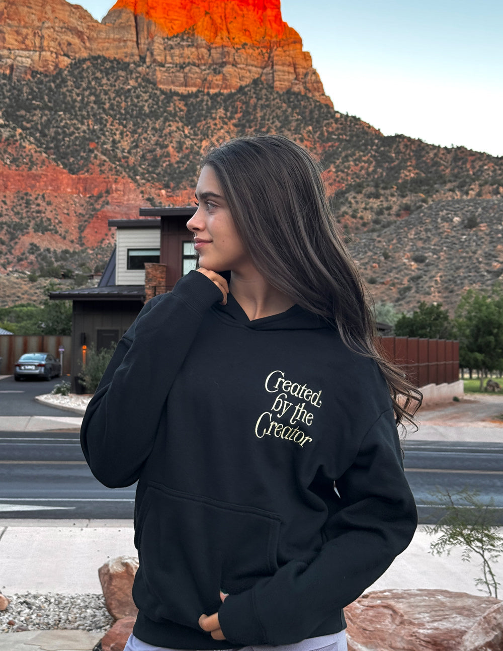 Black unisex hoodie side view with hood up and small 'Created by the Creator' chest logo