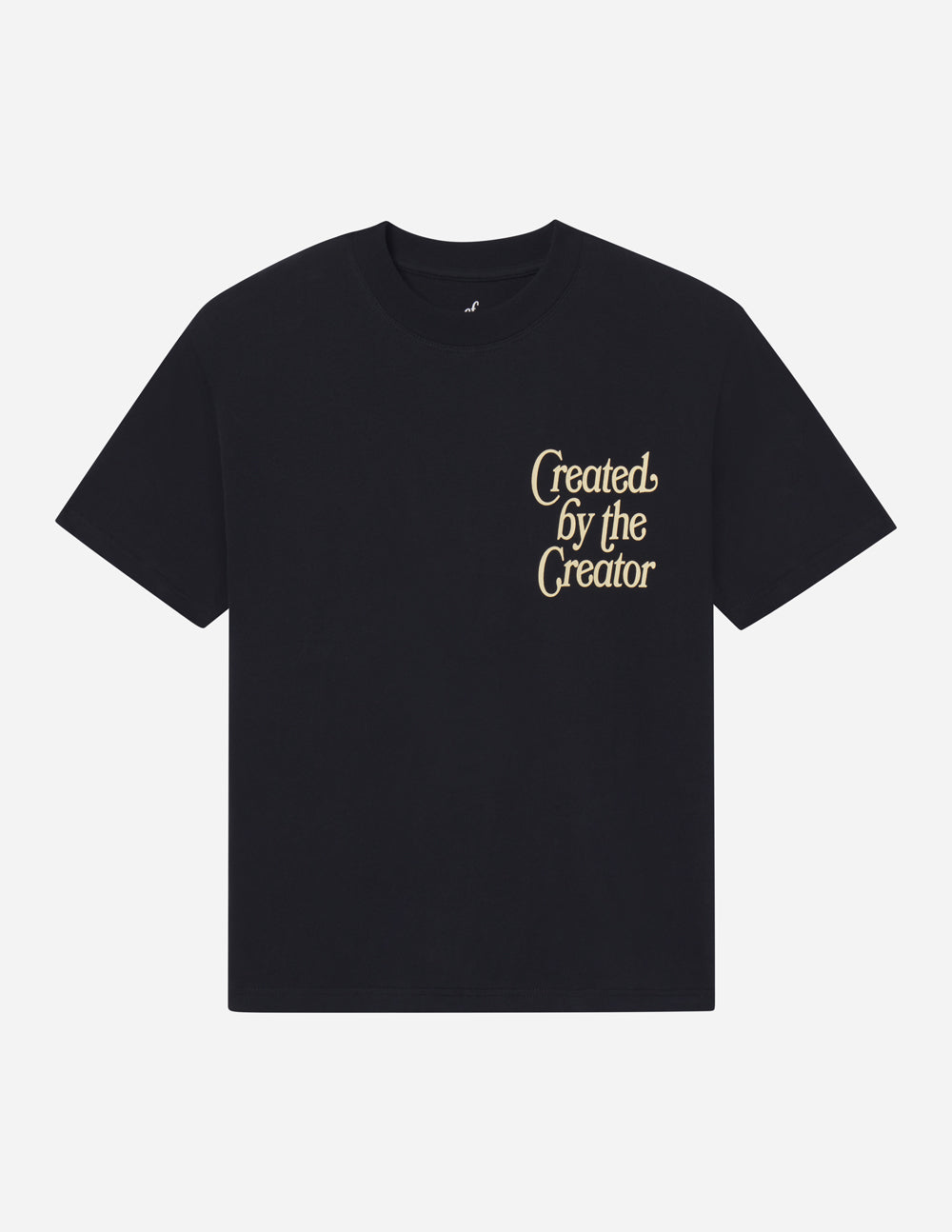 Black unisex tee with small gold 'Created by the Creator' chest print
