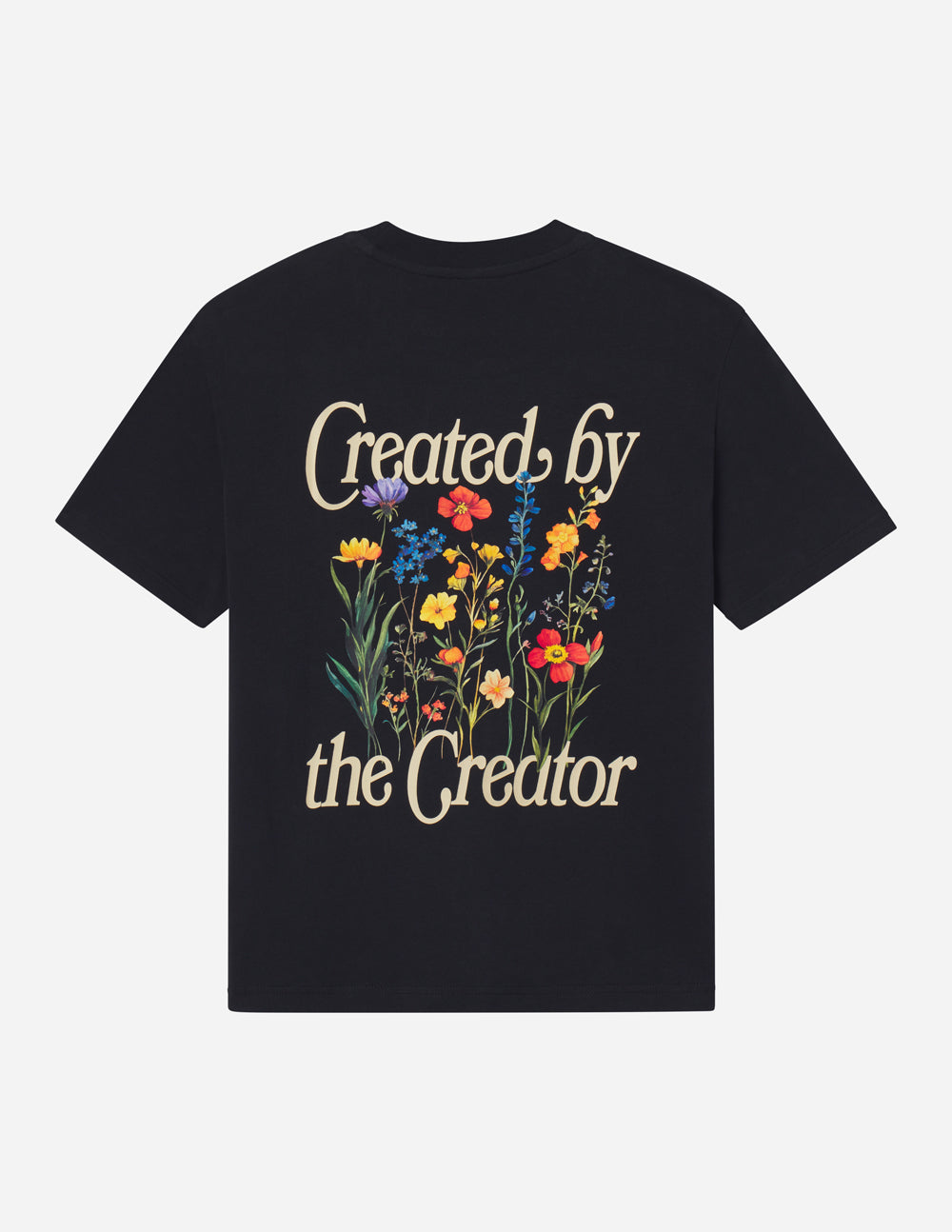 Black unisex tee with floral 'Created by the Creator' back graphic