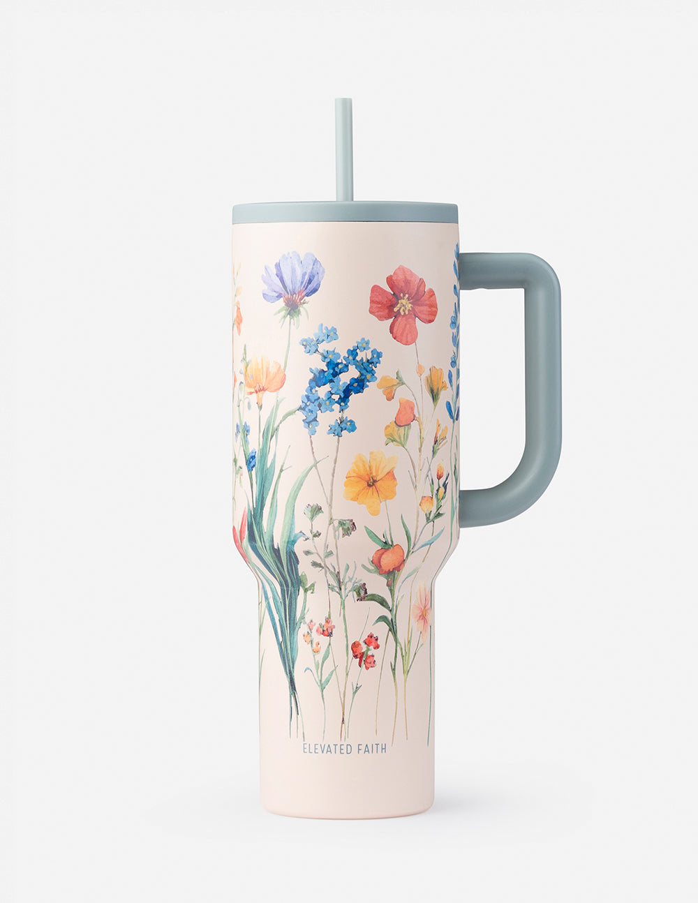 40 oz floral insulated tumbler with gray handle and straw lid, light pink body