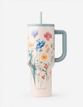 40 oz floral insulated tumbler with gray handle and straw lid, light pink body