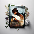 Greeting card featuring a person holding a white lamb illustration.