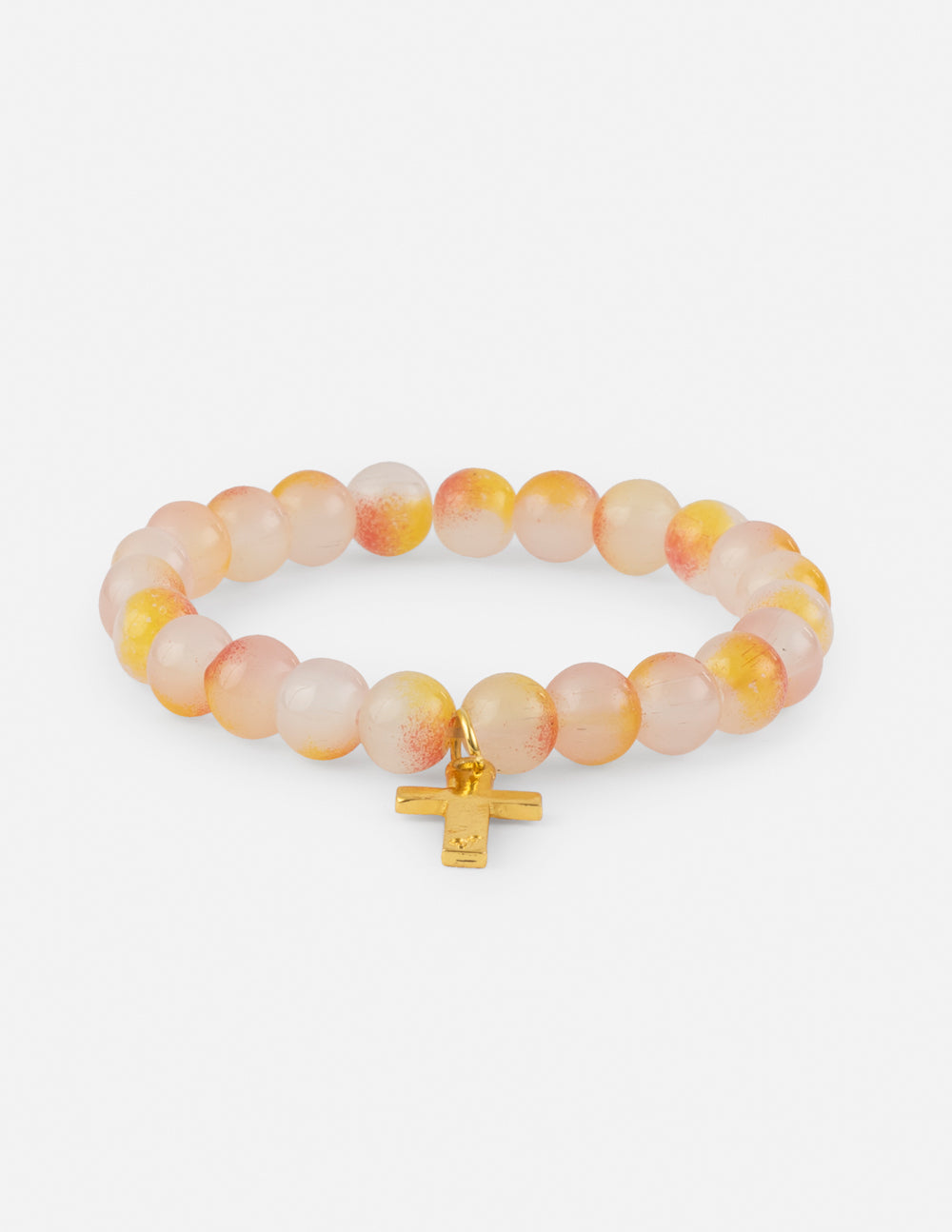 Beaded cross charm bracelet with peach and white swirl beads and gold cross pendant