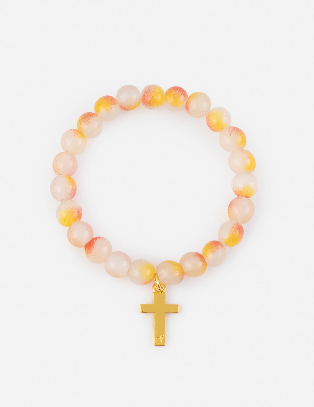 Peach and white beaded cross charm bracelet with gold cross pendant