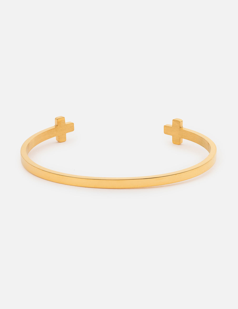 Gold cross cuff bracelet with two cross links, open bangle