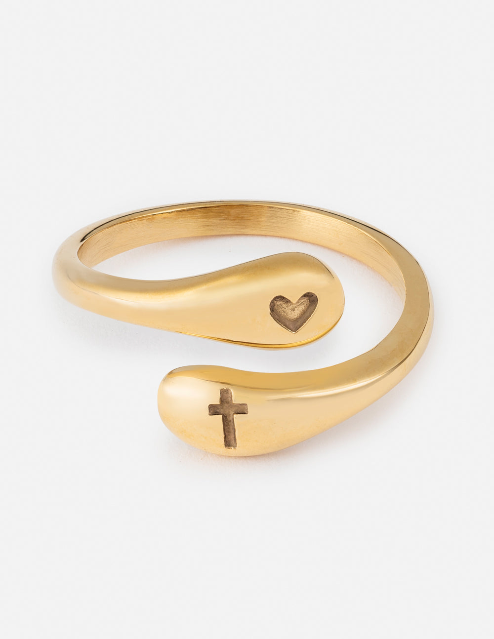 Gold-tone open ring with heart on top and small cross accent