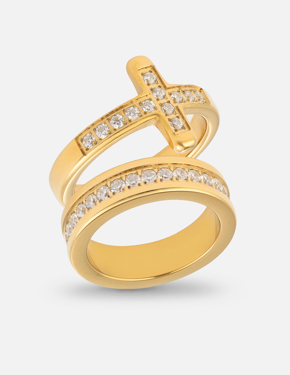 Gold cross gem ring set with stacked bands and round clear stones