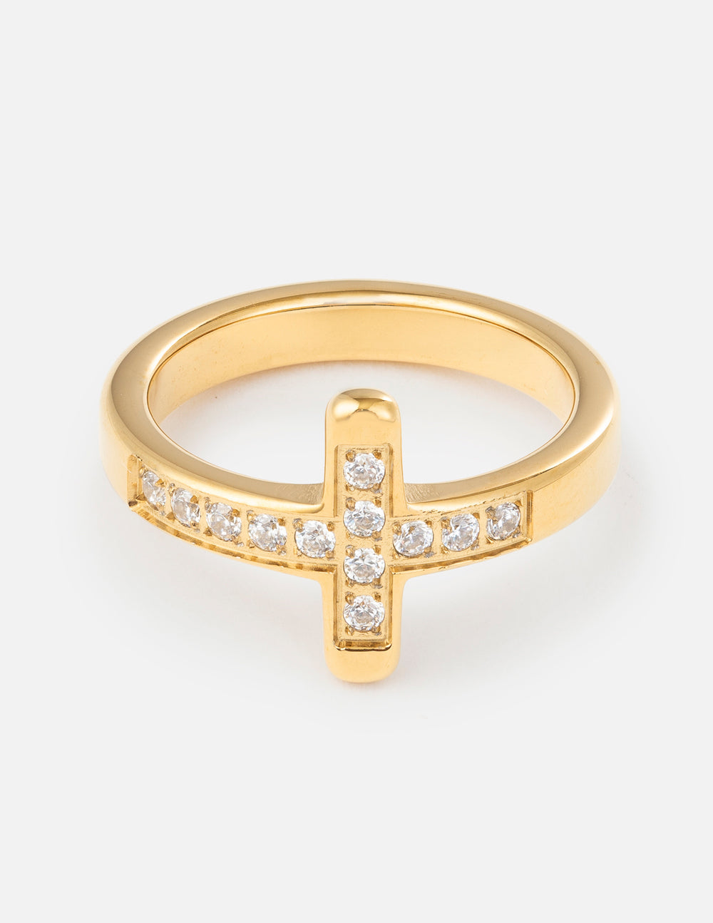 Gold cross gem ring with pavé clear stones across the band