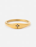 Gold-tone cross gemstone ring with small square stones on a cross setting