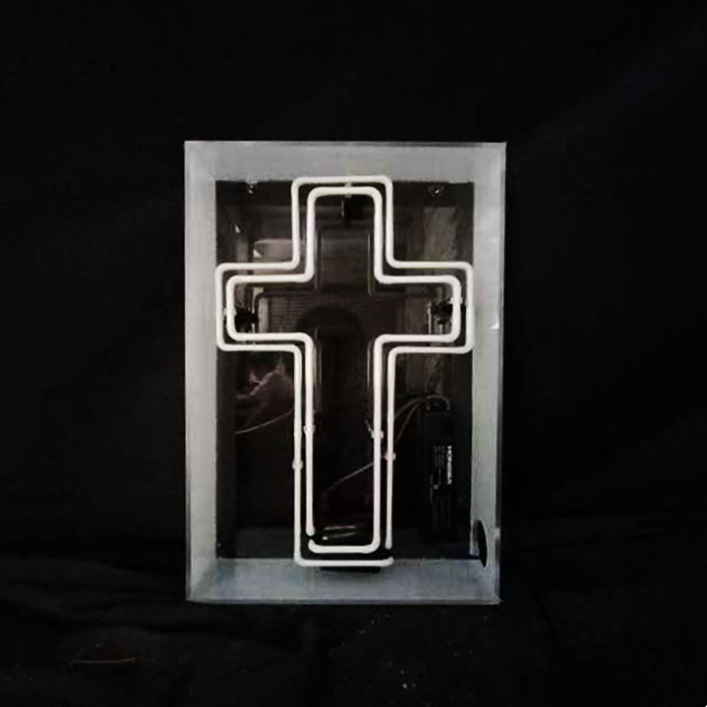 Cross neon sign in acrylic box with white outline cross