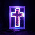 Cross neon sign in acrylic box with purple-blue glowing outline