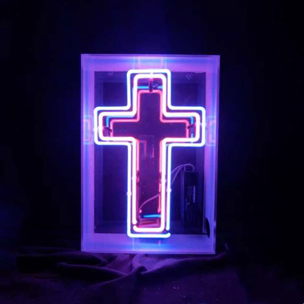 Cross neon sign in acrylic box with purple-blue glowing outline