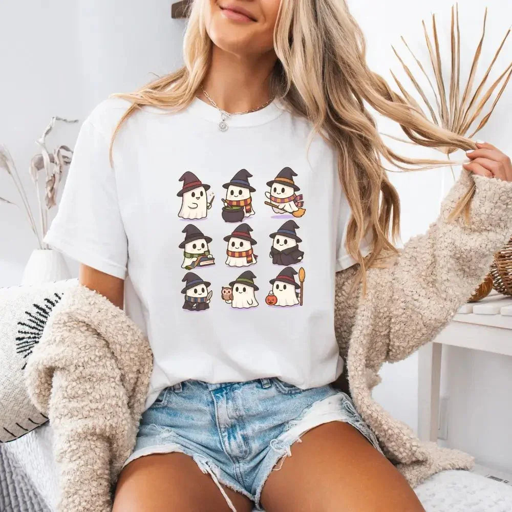 White Halloween witch ghost T-shirt with cute cartoon ghosts in witch hats, crew neck