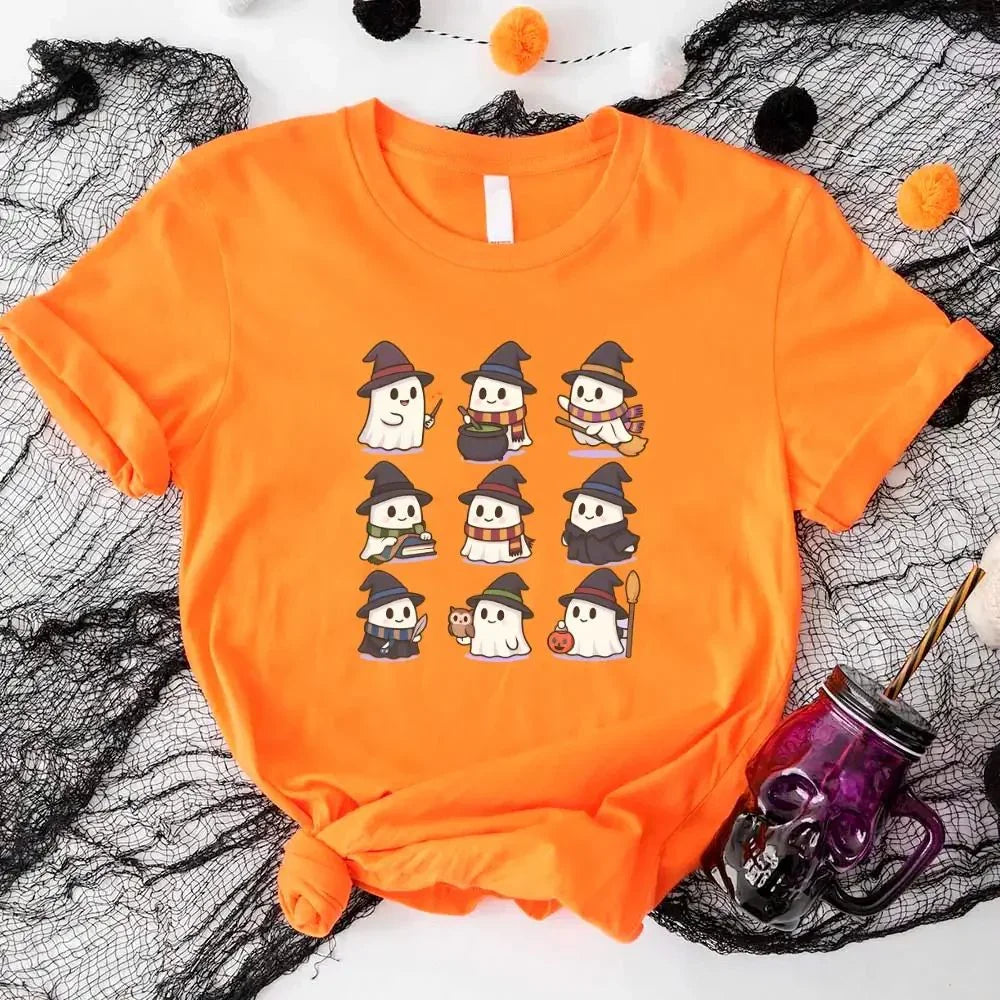 Orange Halloween witch ghost T-shirt with cute cartoon ghosts in witch hats, crew neck
