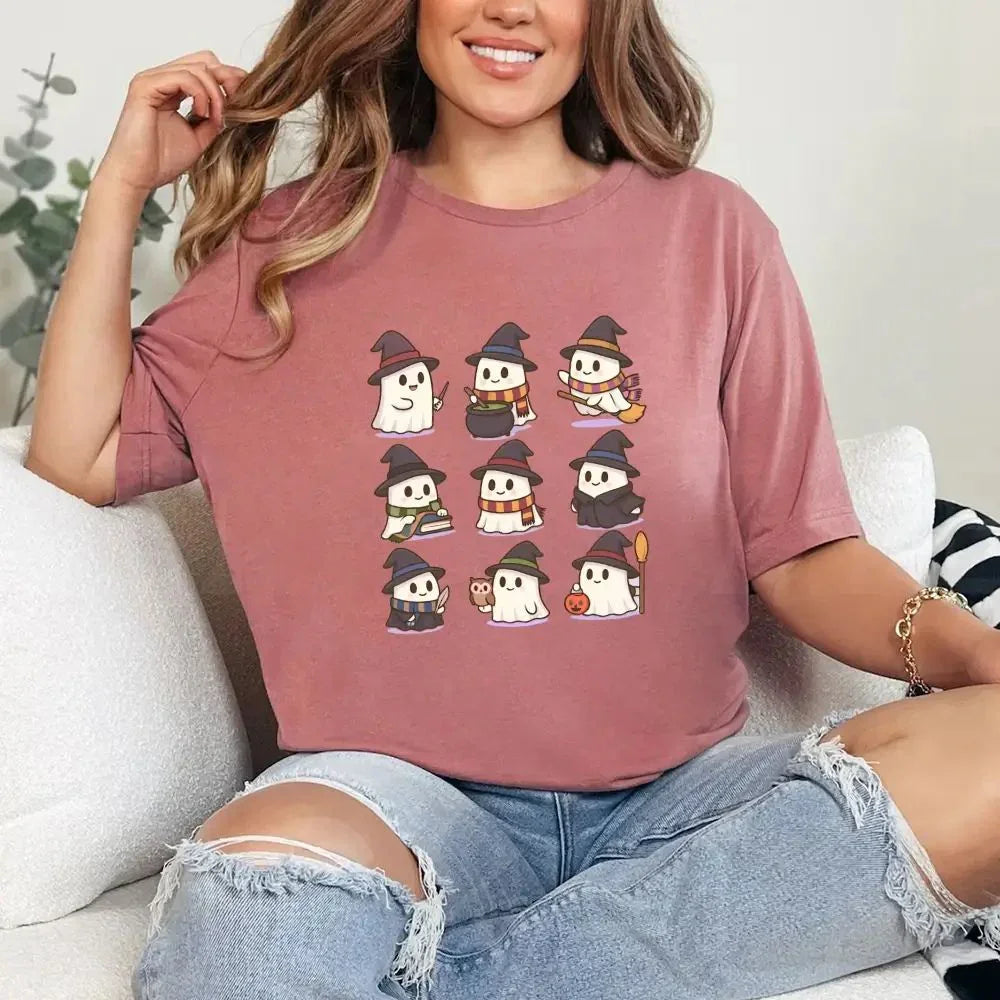 Mauve Halloween T-shirt with cute witch-ghost cartoon design across the chest
