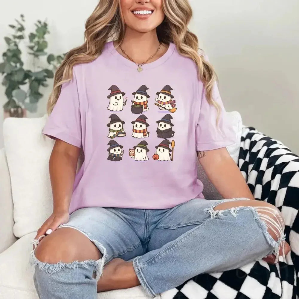 Lavender Halloween T-shirt with cute witch and ghost character graphic centered