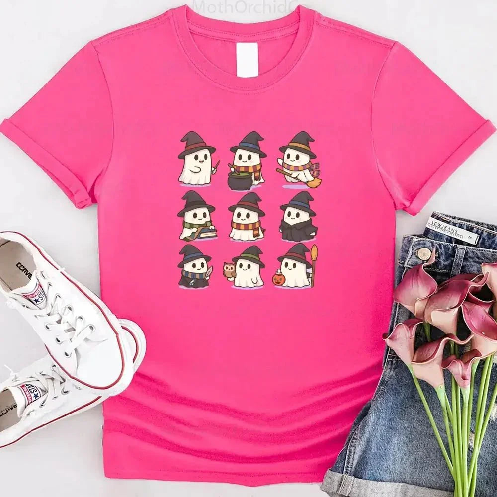Bright pink Halloween T-shirt with a cute witch and ghost character graphic centered