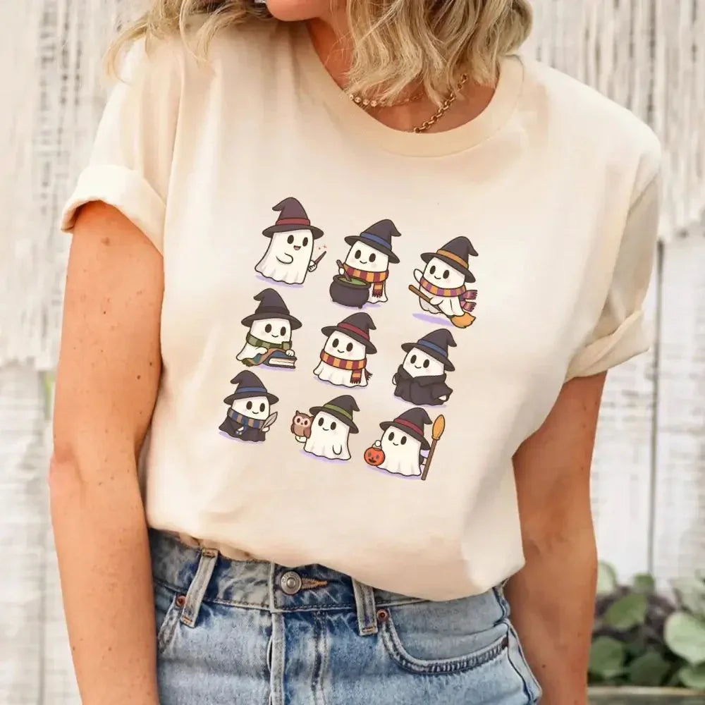 Cream Halloween T-shirt with cute witch and ghost cartoon design on the chest