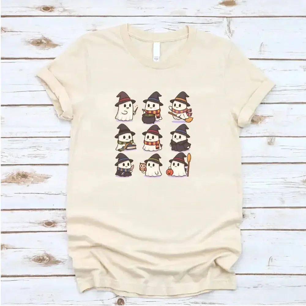 Ivory Halloween T-shirt with cute witch and ghost cartoon graphic on front
