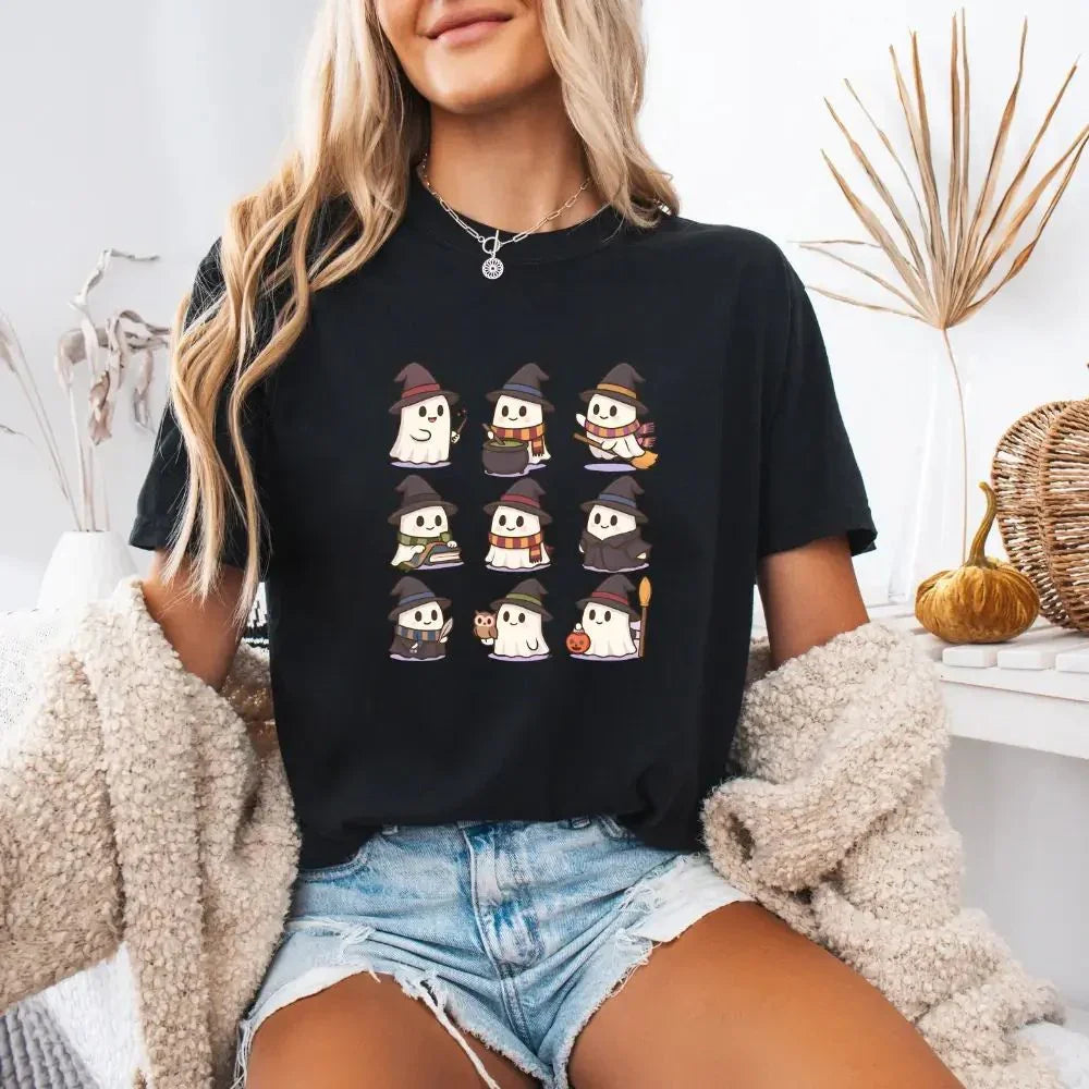 Black Halloween witch ghost T-shirt with cute cartoon ghost faces in hats, crew neck