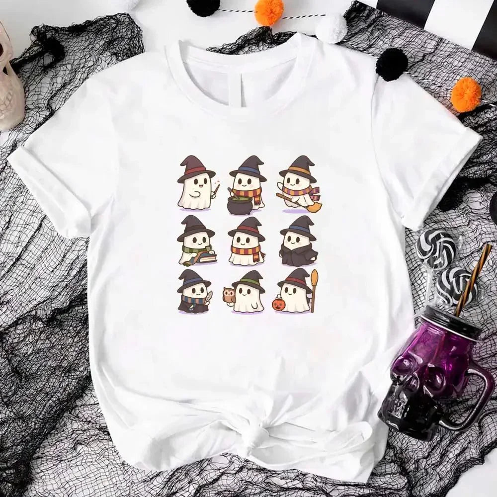 White Halloween witch ghost T-shirt with cute cartoon ghosts in hats, short sleeves