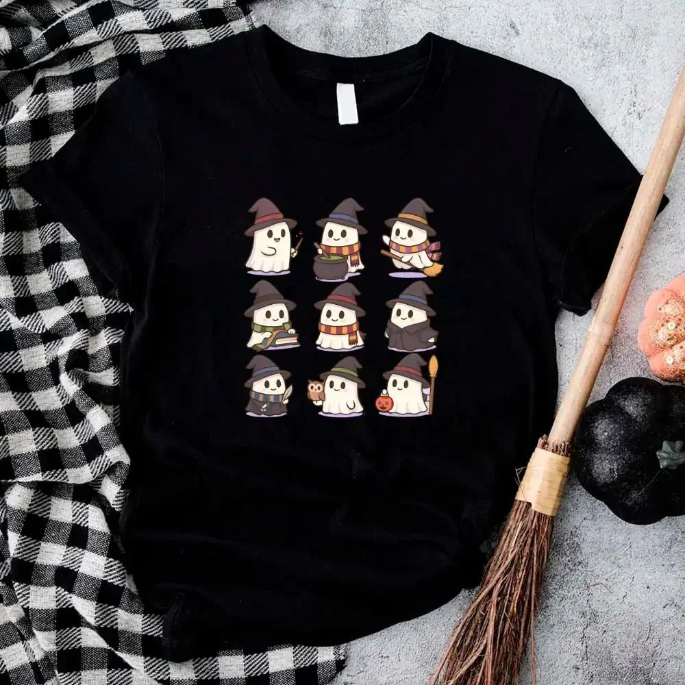 Black Halloween witch ghost T-shirt with cute cartoon ghosts in hats, crew neck
