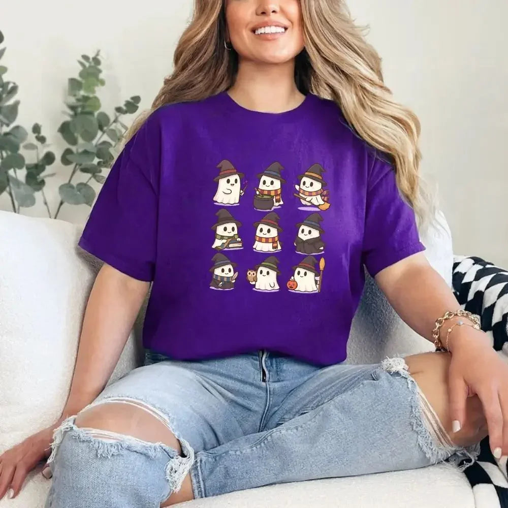 Purple Halloween witch ghost T-shirt with cute cartoon ghosts in witch hats, crew neck
